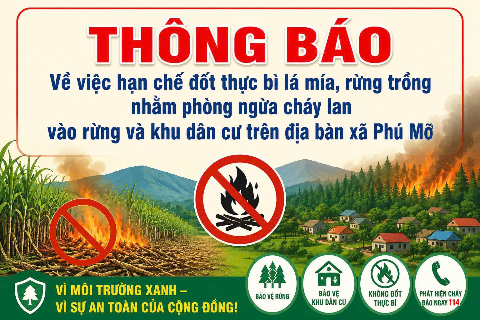 Thông báo Về việc hạn chế đốt thực bì lá mía, rừng trồng nhằm phòng ngừa cháy lan vào rừng và khu dân cư trên địa bàn xã Phú Mỡ
